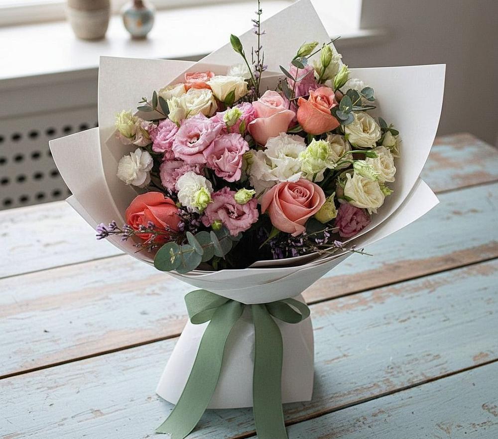 Букет цветов из: Розы, Лизиантусы и Гвоздики в Орлово