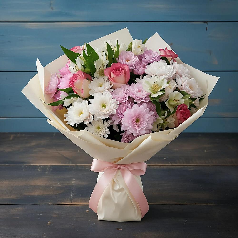 Букет цветов из: Хризантемы, Альстромерии и Розы в Орлово